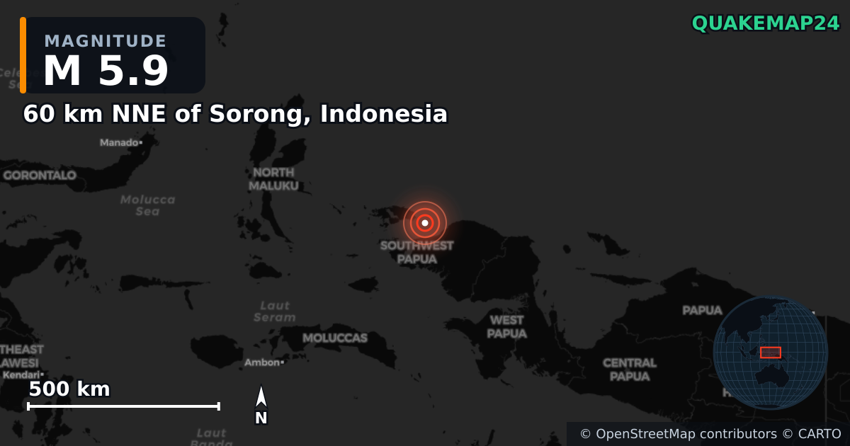 M5.9 earthquake near 60 km NNE of Sorong, Indonesia on Jul 26, 2025 — map of epicenter and shaking intensity | QuakeMap24