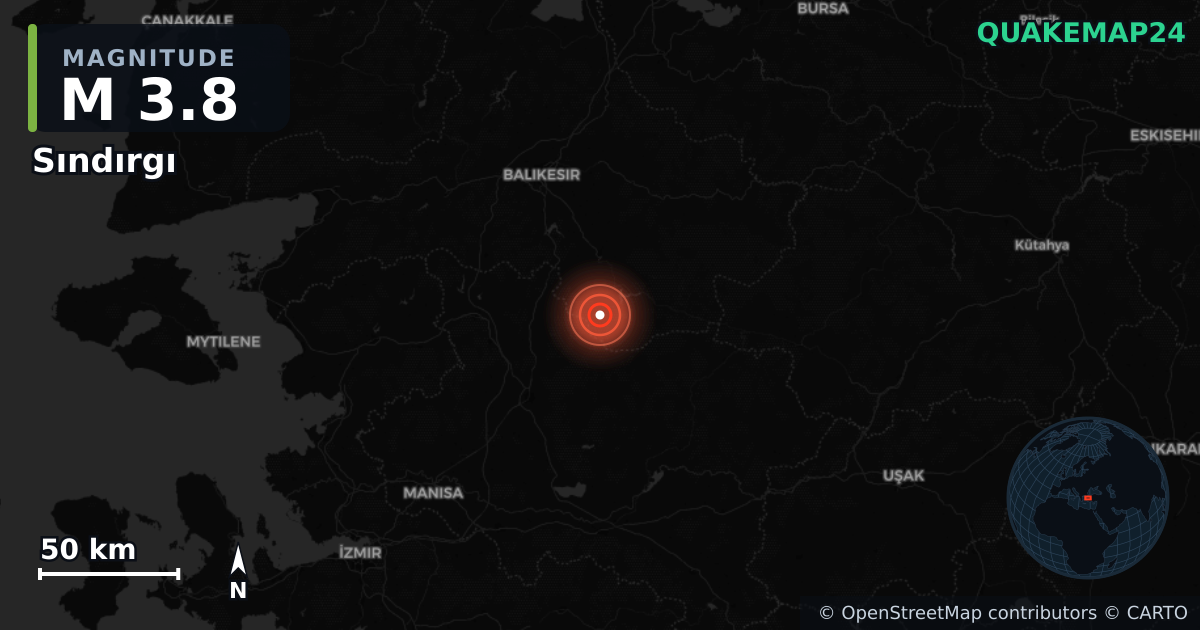 M3.8 earthquake near Sındırgı on Oct 28, 2025 — map of epicenter and shaking intensity | QuakeMap24