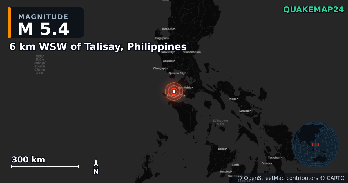 M5.4 earthquake near 6 km WSW of Talisay, Philippines on Jan 20, 2025 — map of epicenter and shaking intensity | QuakeMap24