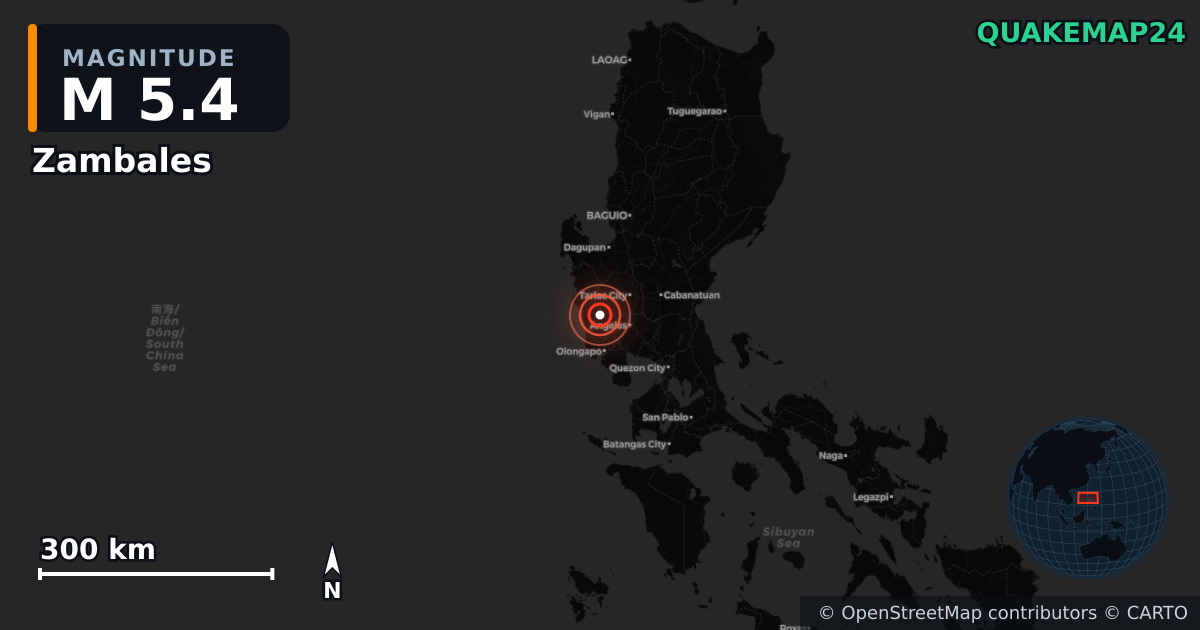 M5.4 earthquake near Zambales on Oct 11, 2025 — map of epicenter and shaking intensity | QuakeMap24