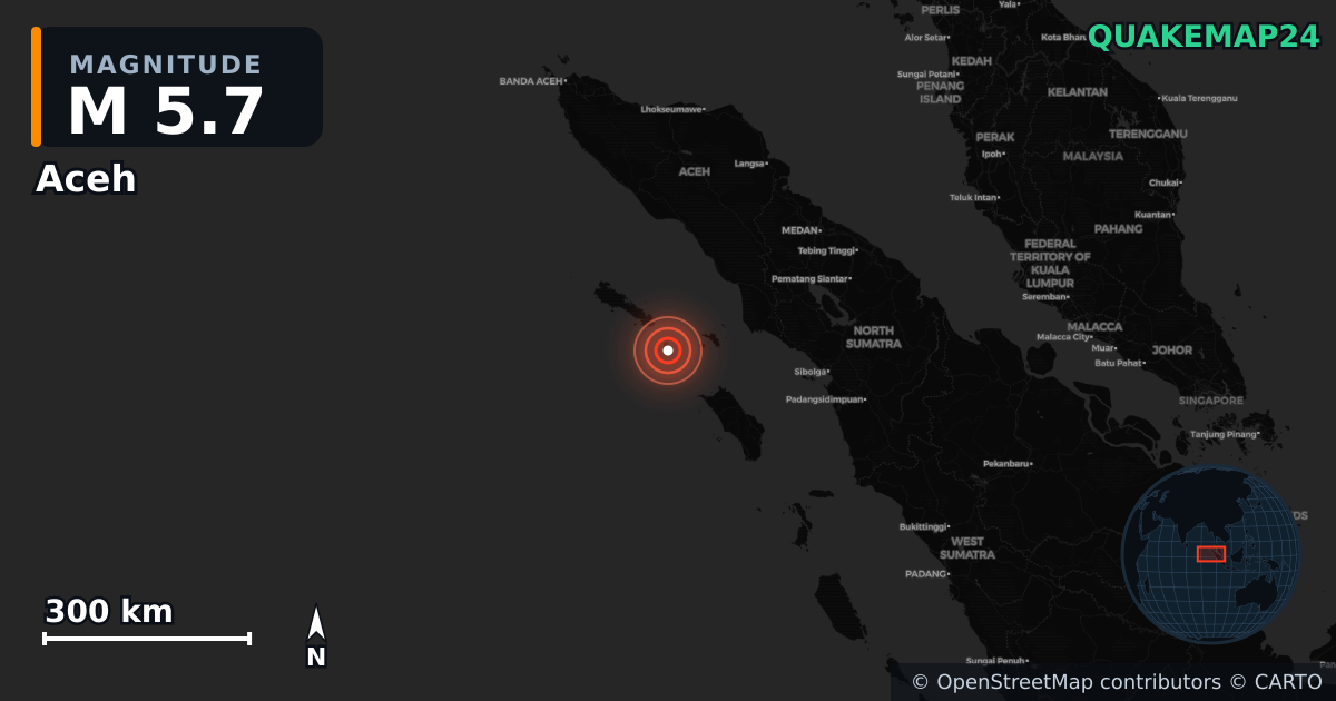 M5.7 earthquake near Aceh on Aug 23, 2025 — map of epicenter and shaking intensity | QuakeMap24