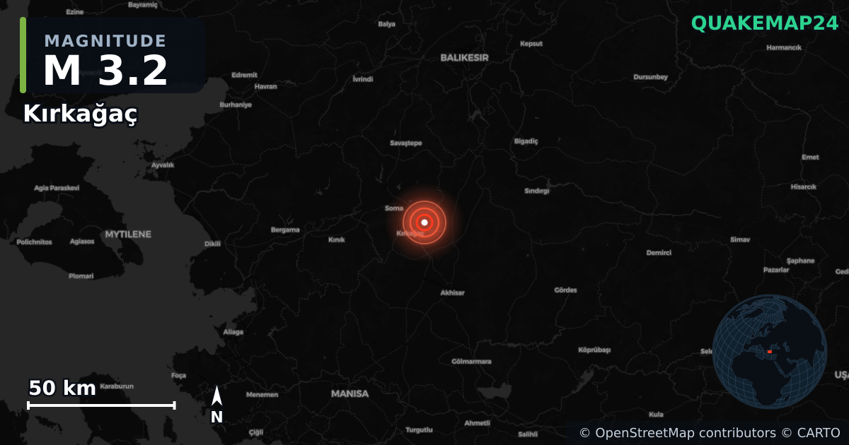 M3.2 earthquake near Kırkağaç on Nov 15, 2025 — map of epicenter and shaking intensity | QuakeMap24