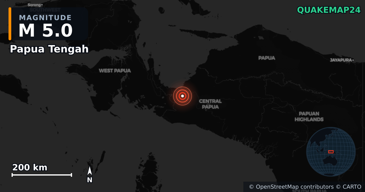 M5.0 earthquake near Papua Tengah on Sep 18, 2025 — map of epicenter and shaking intensity | QuakeMap24