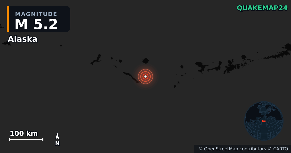 M5.2 earthquake near Alaska on Aug 29, 2025 — map of epicenter and shaking intensity | QuakeMap24