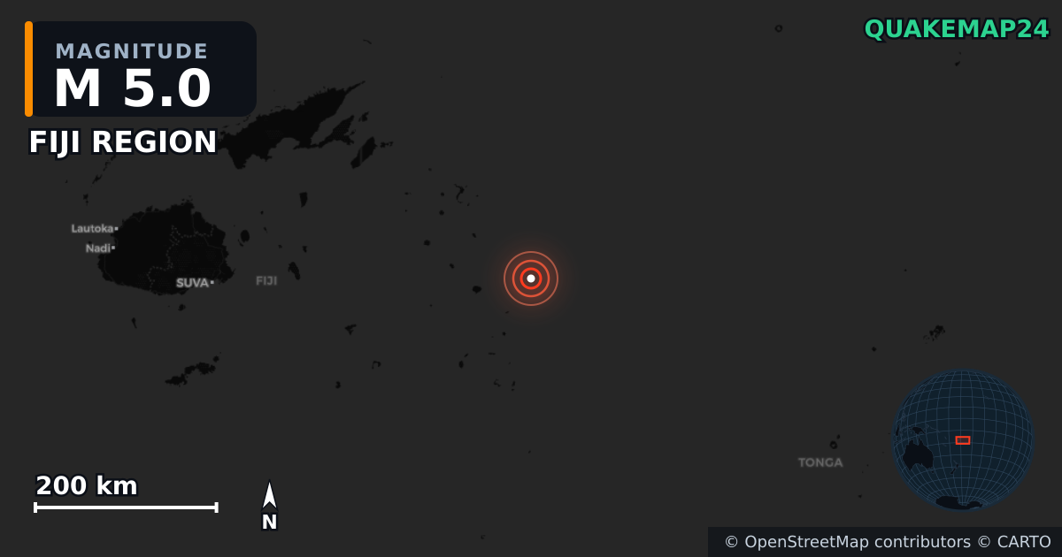 M5.0 earthquake near FIJI REGION on Jun 1, 2026 — map of epicenter and shaking intensity | QuakeMap24