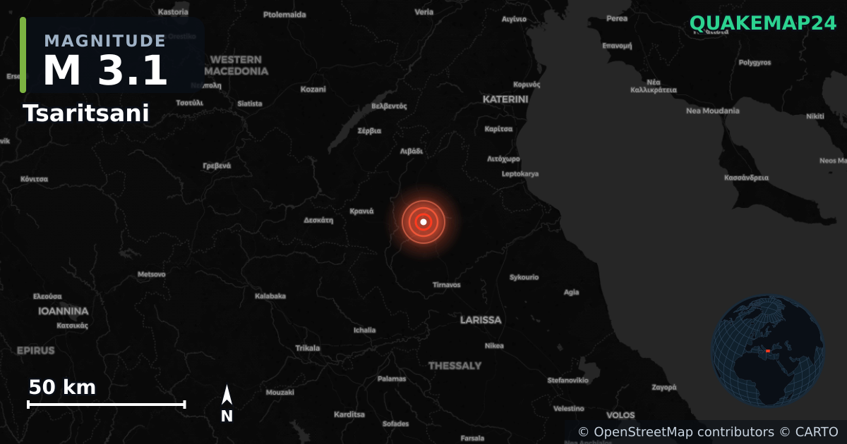 Sismo de M3,1 perto de Tsaritsani, Thessaly (Grécia) · 2026-05-03 — Mapa da localização do epicentro