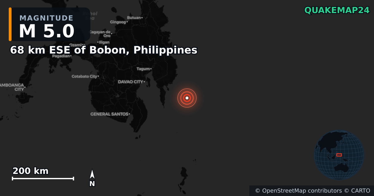 M5.0 Earthquake near 68 km ESE of Bobon, Philippines · 2026-06-17 — Map showing the location of the epicenter