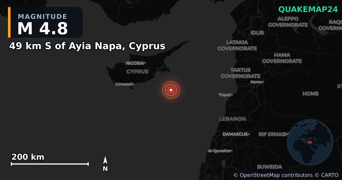 M4.8 earthquake near 49 km S of Ayia Napa, Cyprus on Jun 23, 2025 — map of epicenter and shaking intensity | QuakeMap24