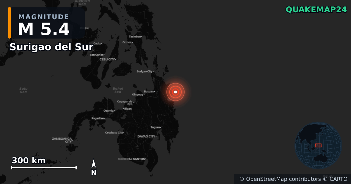 M5.4 earthquake near Surigao del Sur on Oct 18, 2025 — map of epicenter and shaking intensity | QuakeMap24