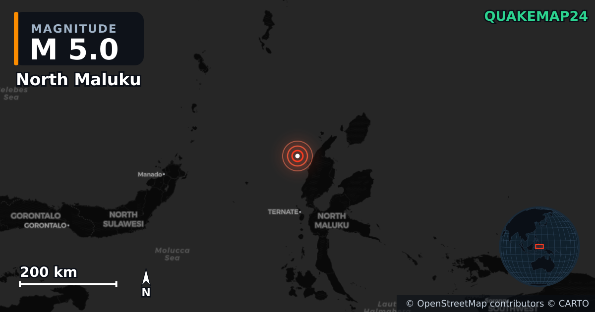 M5.0 earthquake near North Maluku on Jun 22, 2026 — map of epicenter and shaking intensity | QuakeMap24