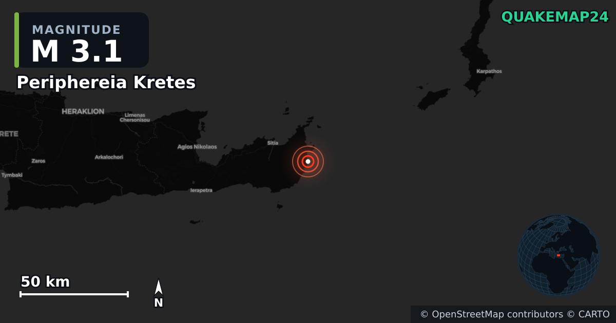 M3.1 earthquake near Periphereia Kretes on Dec 2, 2025 — map of epicenter and shaking intensity | QuakeMap24