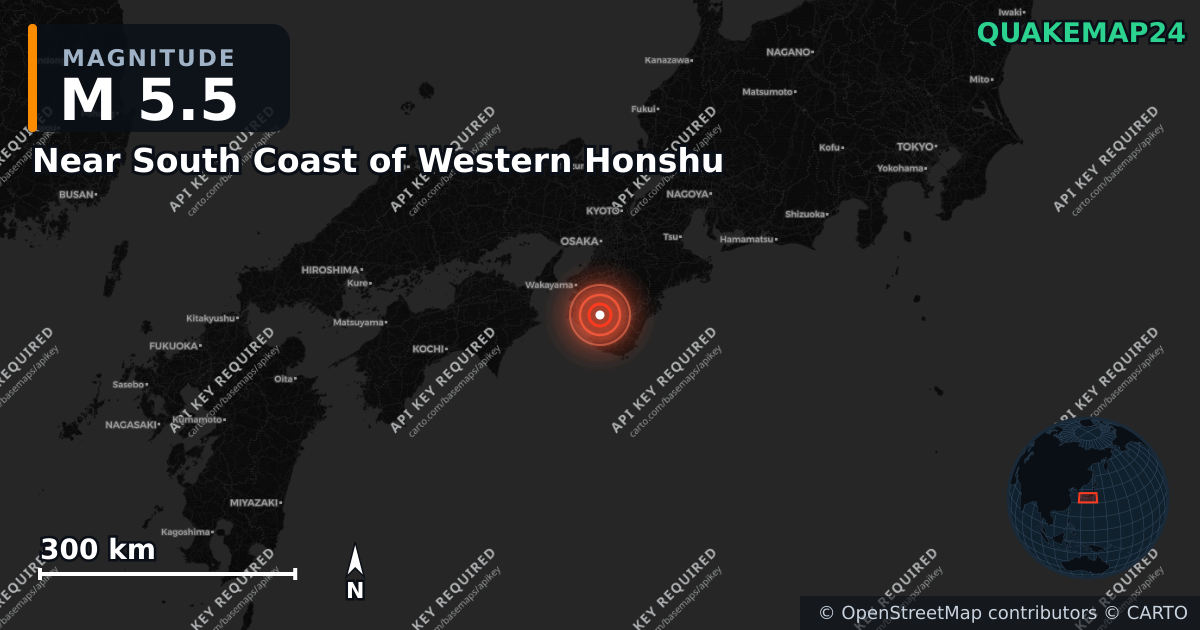 M5.5 earthquake near Near South Coast of Western Honshu on May 2, 2026 — map of epicenter and shaking intensity | QuakeMap24