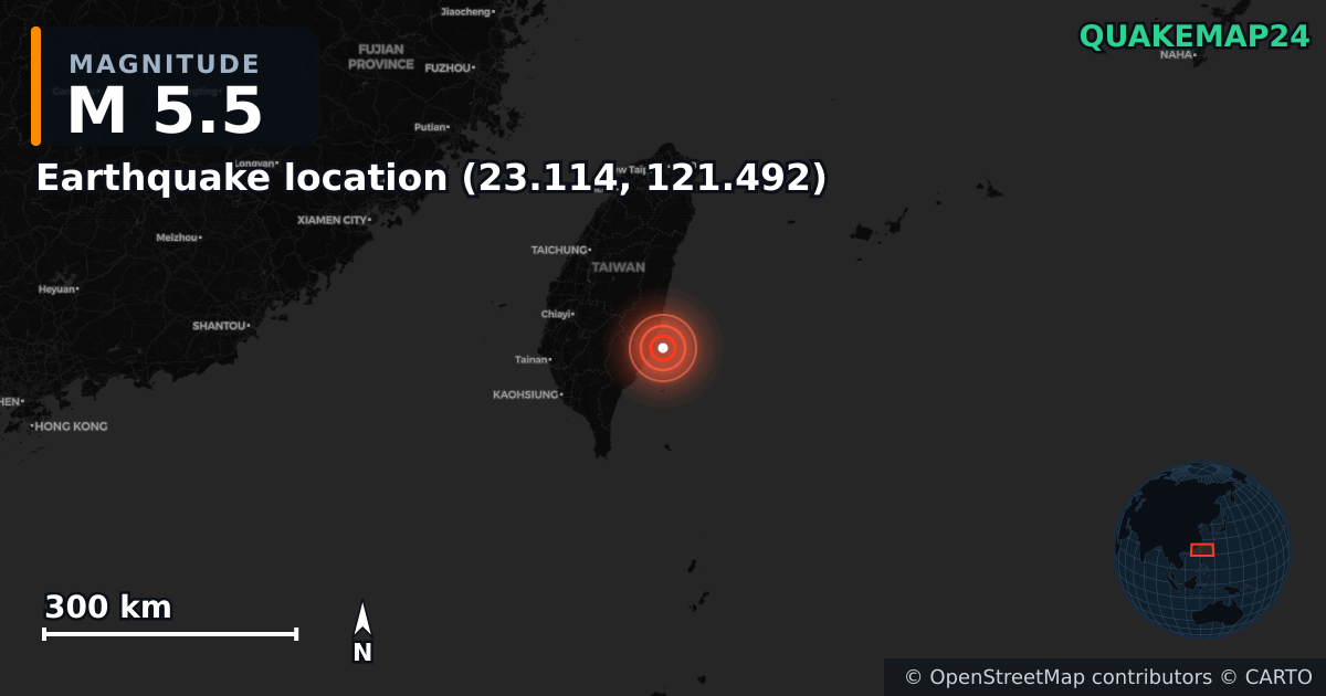 M5.5 earthquake near Deprem konumu (23.114, 121.492) on Mar 13, 2025 — map of epicenter and shaking intensity | QuakeMap24