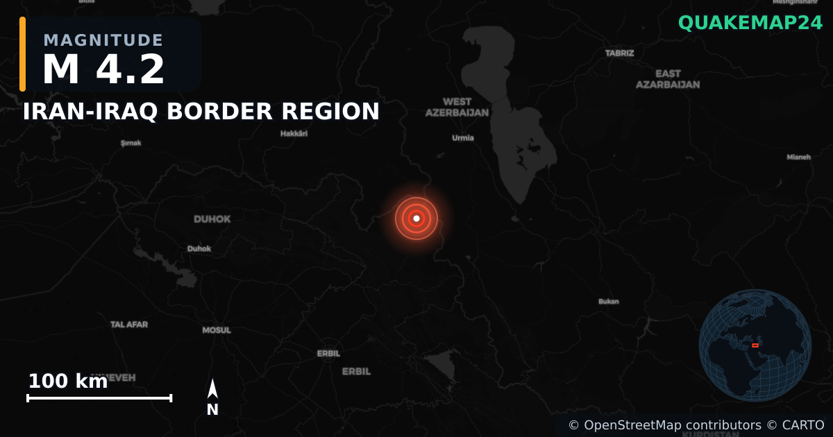 M4.2 earthquake near IRAN-IRAQ BORDER REGION on Jun 30, 2025 — map of epicenter and shaking intensity | QuakeMap24