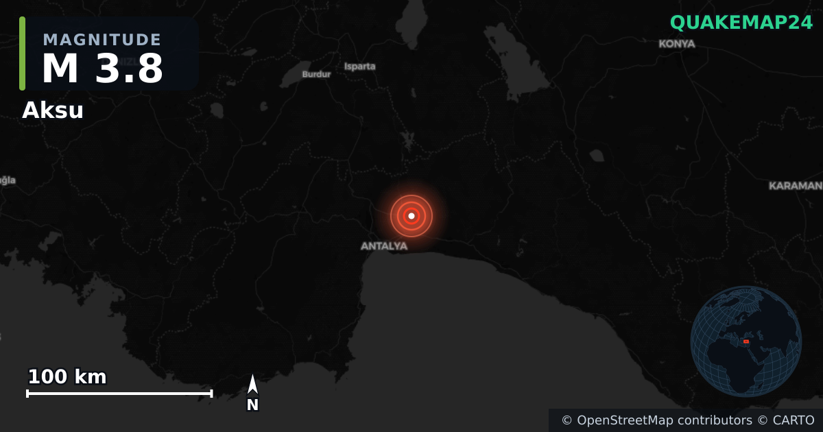M3.8 earthquake near Aksu on Dec 16, 2025 — map of epicenter and shaking intensity | QuakeMap24