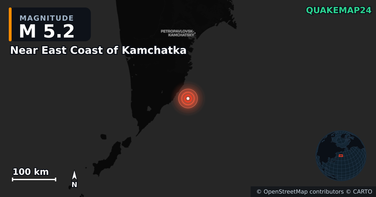 M5.2 earthquake near Near East Coast of Kamchatka on Jan 10, 2026 — map of epicenter and shaking intensity | QuakeMap24