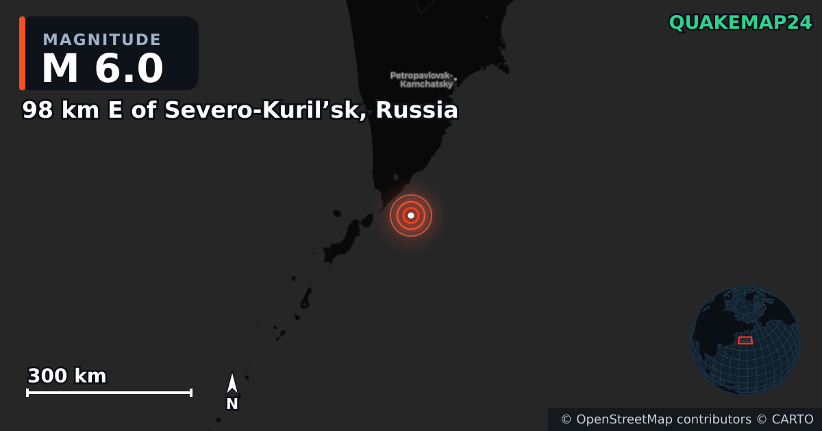 M6.0 earthquake near 98 km E of Severo-Kuril’sk, Russia on Aug 27, 2025 — map of epicenter and shaking intensity | QuakeMap24