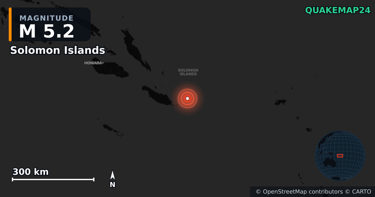 Erdbeben M5,2 bei Solomon Islands — Karte der Lage des Epizentrums