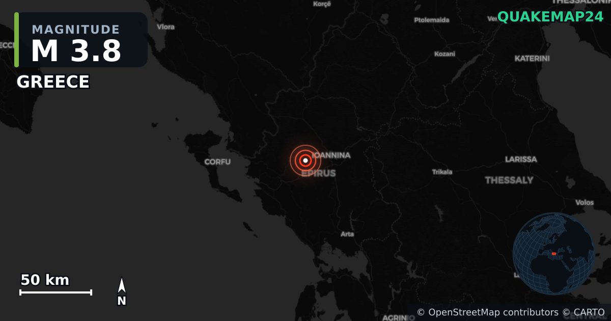 M3.8 earthquake near GREECE on Mar 23, 2026 — map of epicenter and shaking intensity | QuakeMap24