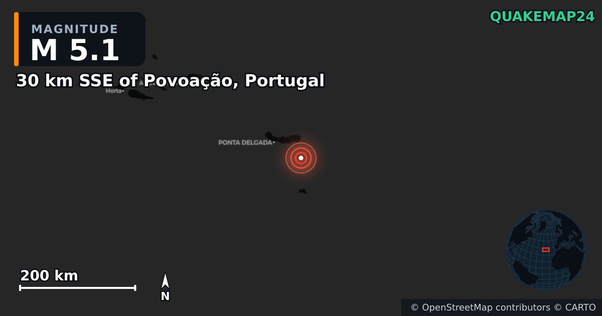 M5.1 earthquake near 30 km SSE of Povoação, Portugal on Mar 11, 2025 — map of epicenter and shaking intensity | QuakeMap24