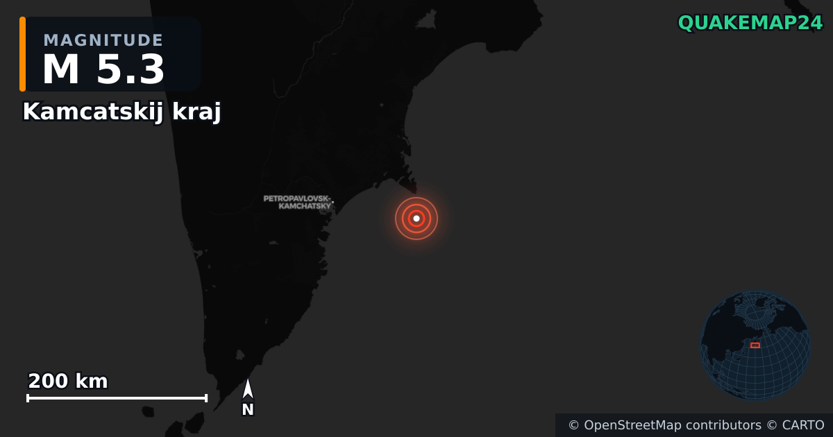 M5.3 earthquake near Kamcatskij kraj on Feb 6, 2026 — map of epicenter and shaking intensity | QuakeMap24