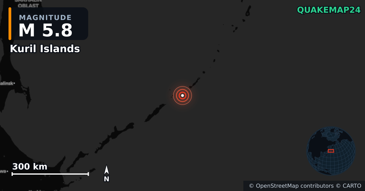 M5.8 earthquake near Kuril Islands on Jul 14, 2025 — map of epicenter and shaking intensity | QuakeMap24