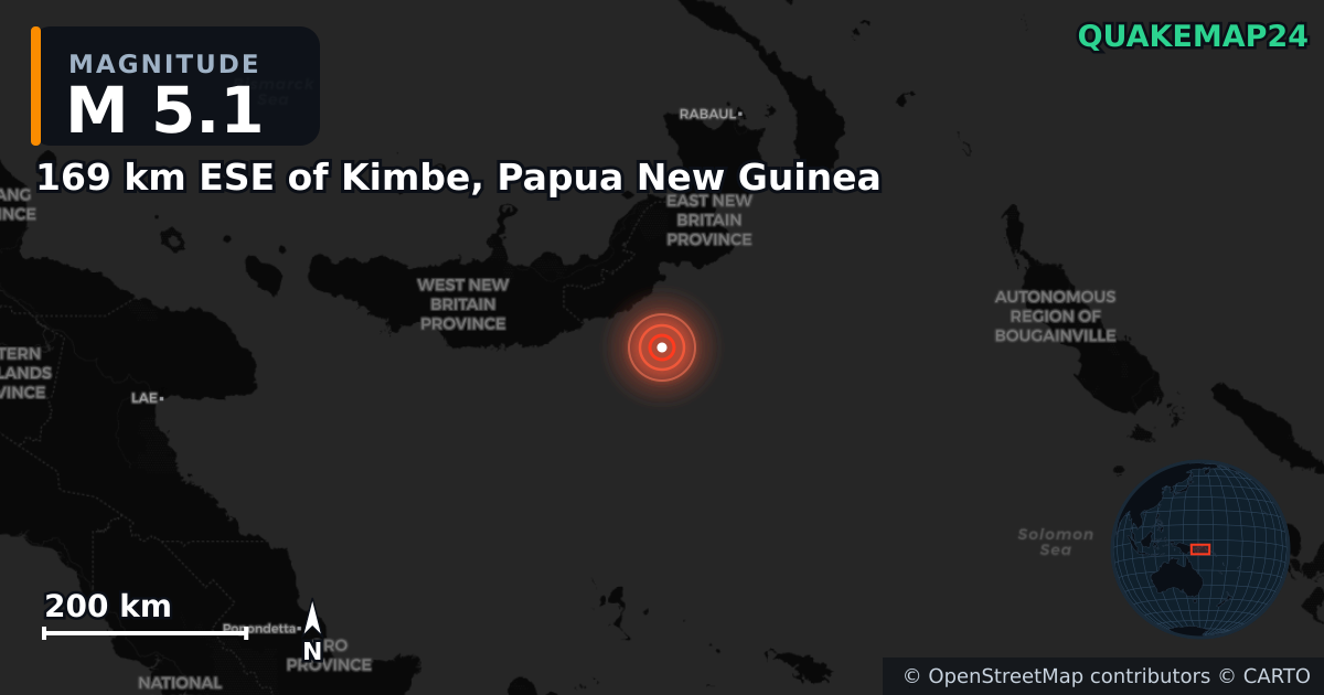 M5.1 earthquake near 169 km ESE of Kimbe, Papua New Guinea on Apr 5, 2025 — map of epicenter and shaking intensity | QuakeMap24