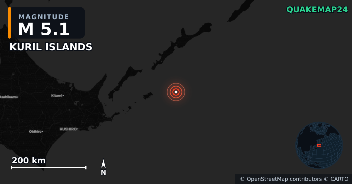 M5.1 earthquake near KURIL ISLANDS on Dec 18, 2025 — map of epicenter and shaking intensity | QuakeMap24