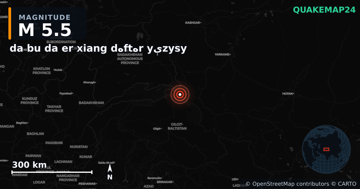 M5.5 earthquake near da bu da er xiang dەftەr yېzysy on Jan 8, 2026 — map of epicenter and shaking intensity | QuakeMap24