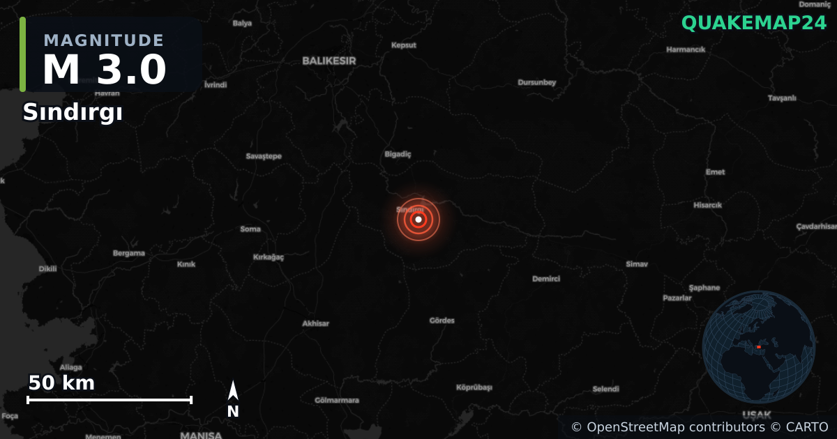 M3.0 earthquake near Sındırgı on Aug 12, 2025 — map of epicenter and shaking intensity | QuakeMap24