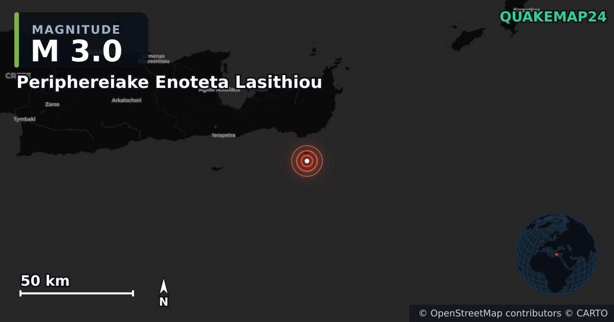 M3.0 earthquake near Periphereiake Enoteta Lasithiou on May 11, 2026 — map of epicenter and shaking intensity | QuakeMap24