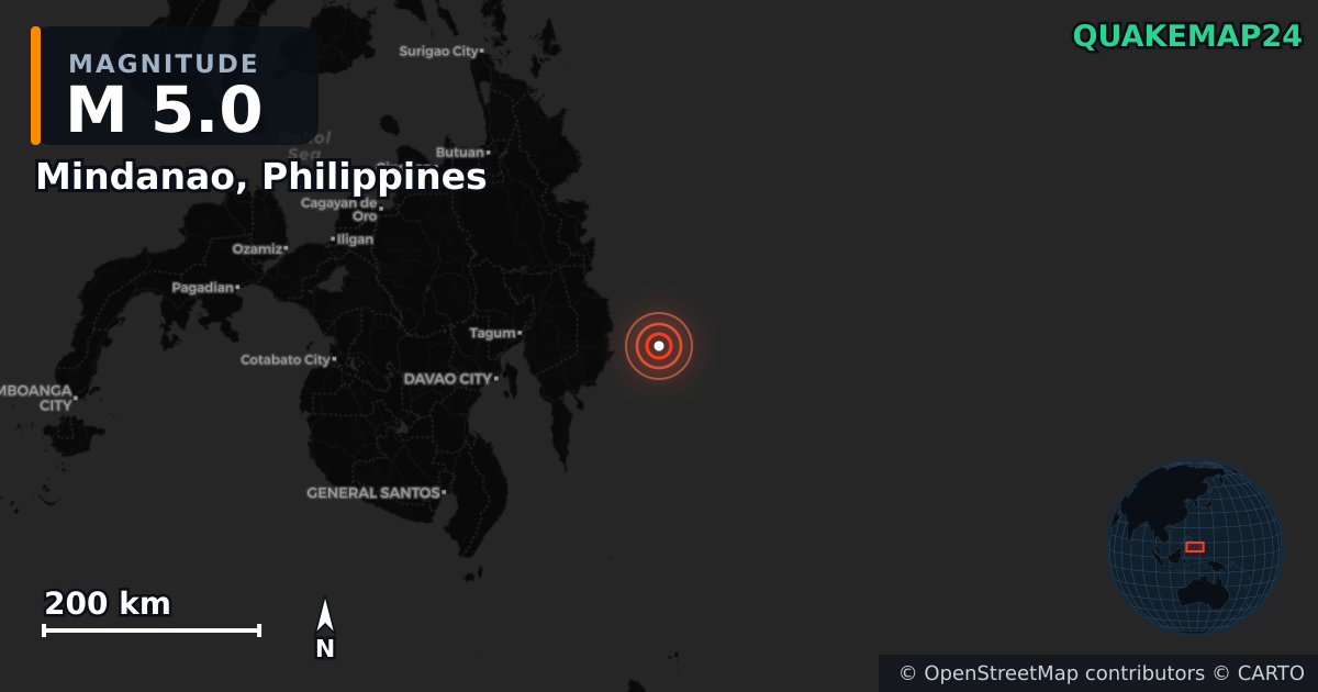 M5.0 earthquake near Mindanao, Philippines on Jan 7, 2026 — map of epicenter and shaking intensity | QuakeMap24