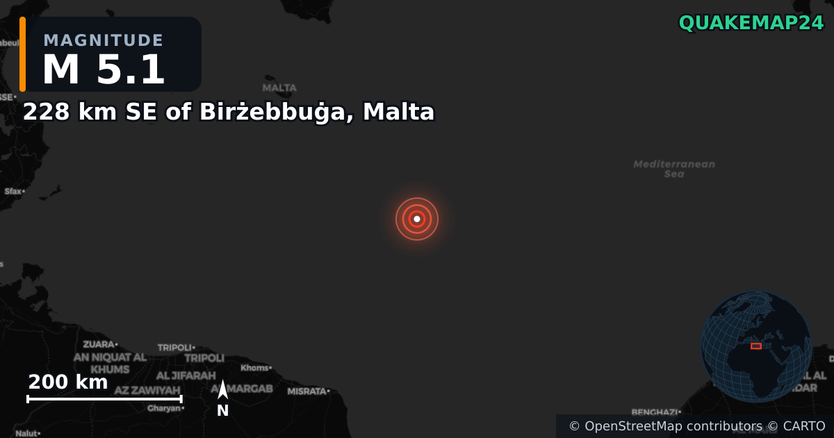 228 km SE of Birżebbuġa, Malta yakınında M5,1 deprem — Deprem merkez üssünün konumunu gösteren harita