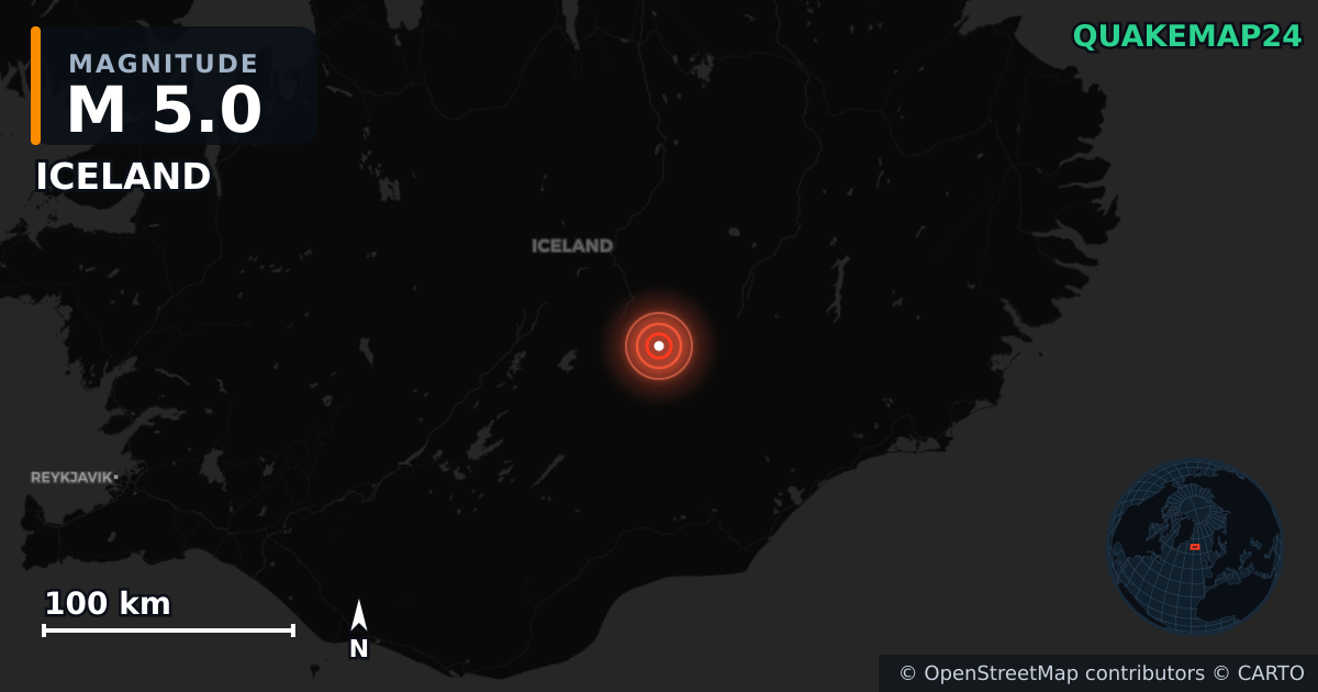 M5.0 earthquake near ICELAND on Jul 27, 2025 — map of epicenter and shaking intensity | QuakeMap24
