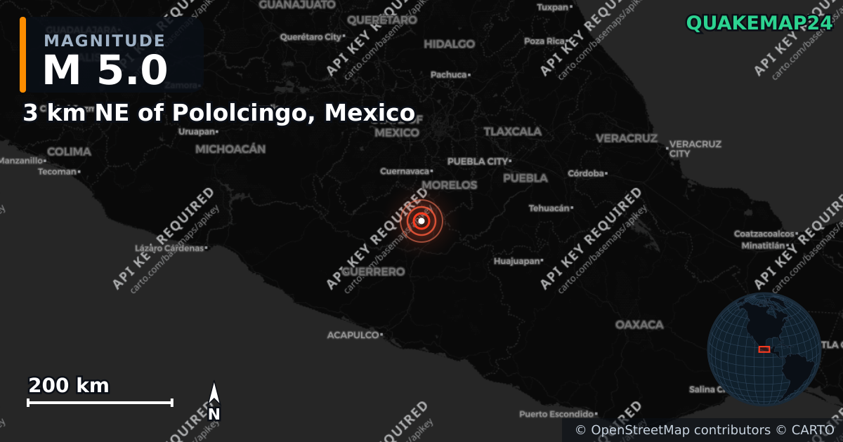 M5.0 earthquake near 3 km NE of Pololcingo, Mexico on Feb 28, 2025 — map of epicenter and shaking intensity | QuakeMap24
