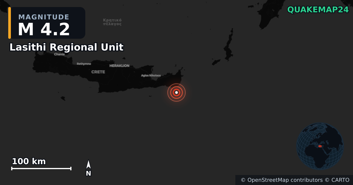 M4.2 earthquake near Lasithi Regional Unit on Apr 27, 2026 — map of epicenter and shaking intensity | QuakeMap24