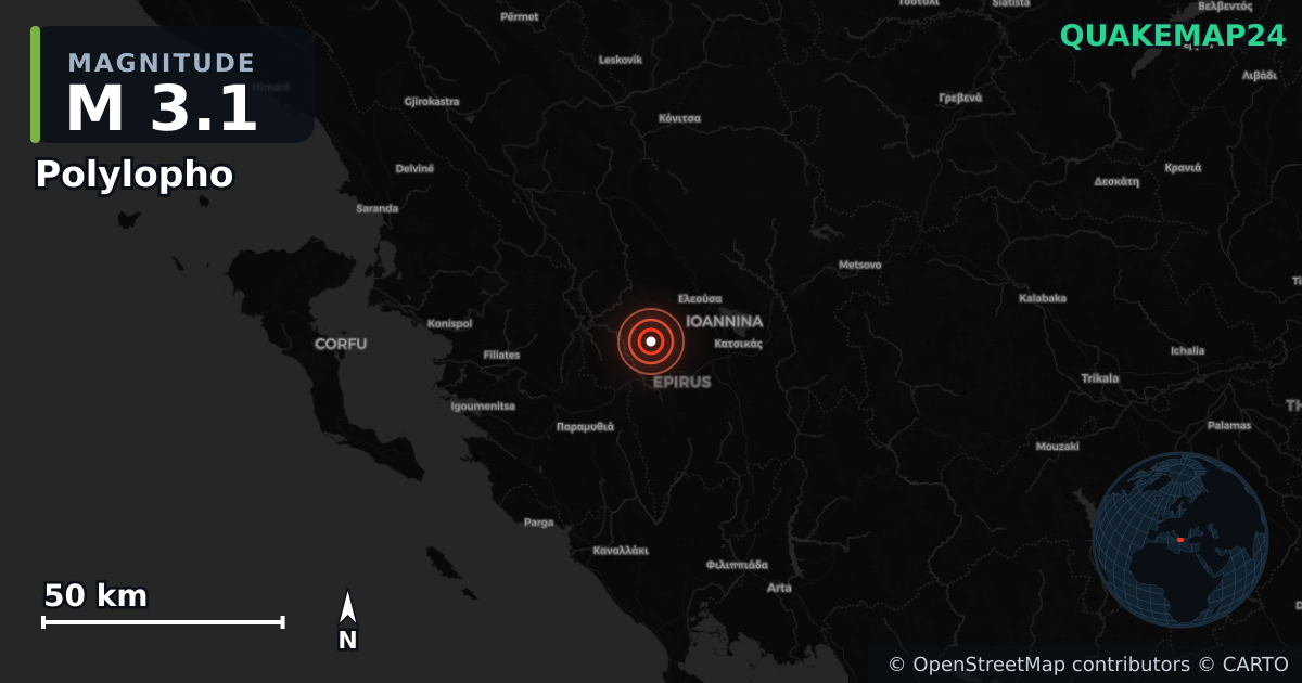 M3.1 earthquake near Polylopho on Jul 18, 2026 — map of epicenter and shaking intensity | QuakeMap24