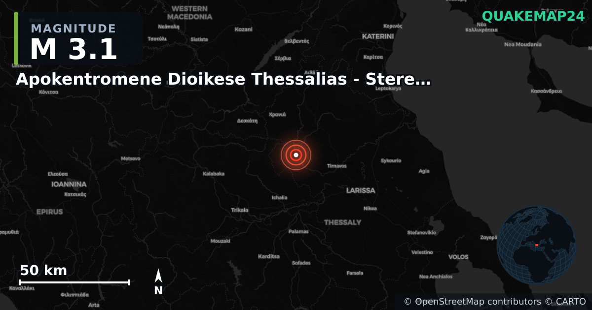 M3.1 earthquake near Apokentromene Dioikese Thessalias - Stereas Ellados on Sep 9, 2025 — map of epicenter and shaking intensity | QuakeMap24