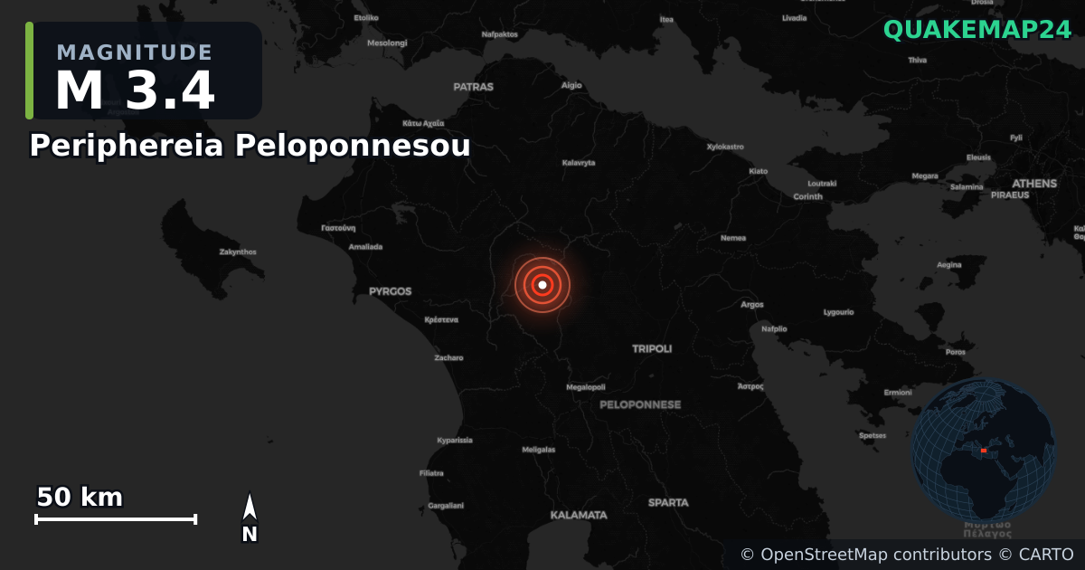 M3.4 earthquake near Periphereia Peloponnesou on Dec 14, 2025 — map of epicenter and shaking intensity | QuakeMap24
