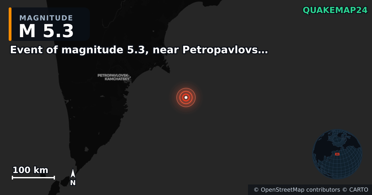 M5.3 earthquake near Event of magnitude 5.3, near Petropavlovsk Kamchatskiy (Monde) on Jun 10, 2026 — map of epicenter and shaking intensity | QuakeMap24