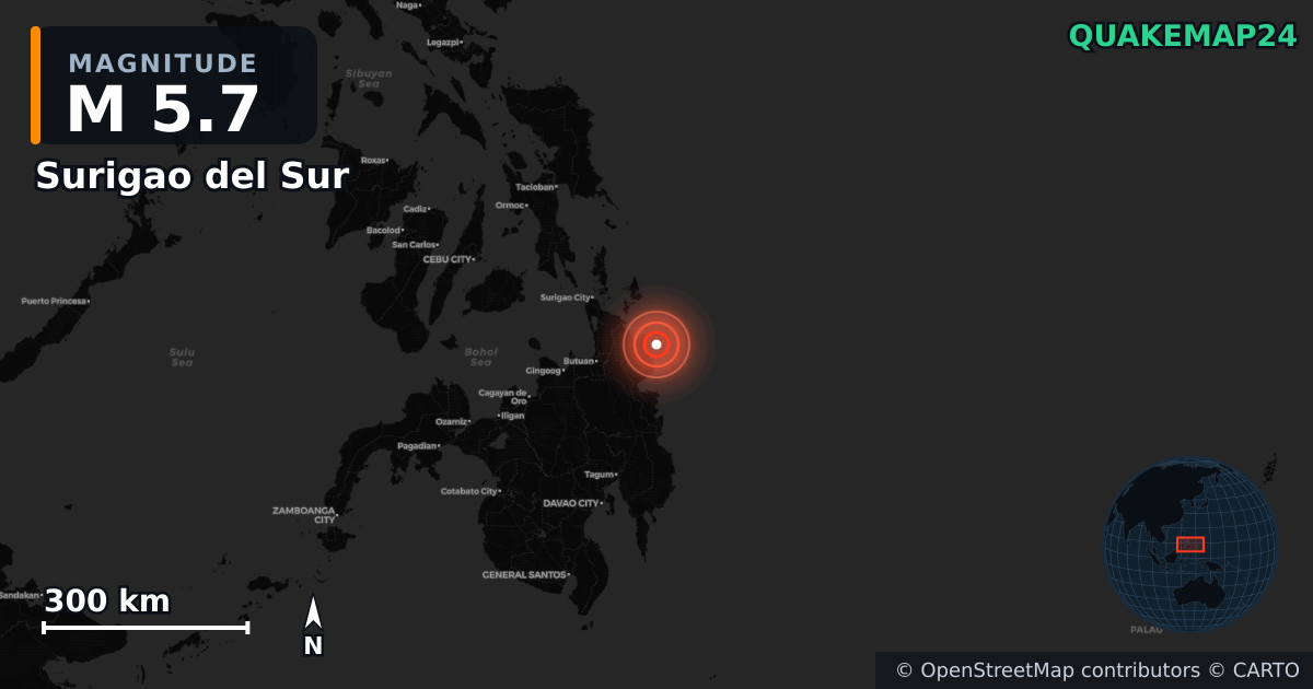 M5.7 earthquake near Surigao del Sur on May 24, 2026 — map of epicenter and shaking intensity | QuakeMap24