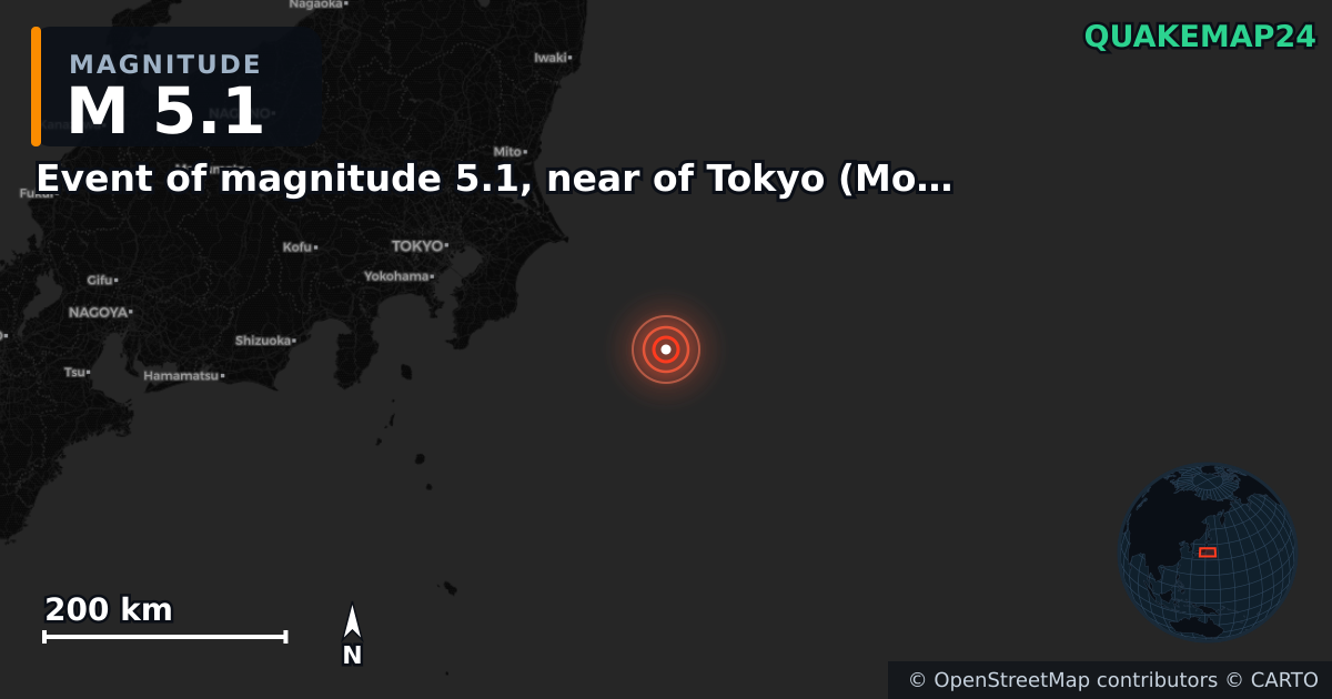 M5.1 earthquake near Event of magnitude 5.1, near of Tokyo (Monde) on Dec 21, 2025 — map of epicenter and shaking intensity | QuakeMap24