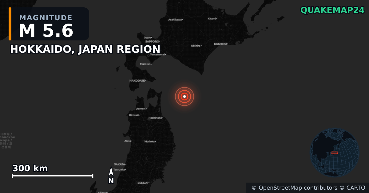 M5.6 earthquake near HOKKAIDO, JAPAN REGION on Dec 25, 2025 — map of epicenter and shaking intensity | QuakeMap24