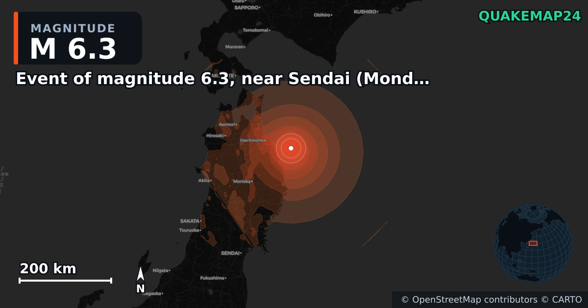 Erdbeben M6,3 bei Event of magnitude 6.3, near Sendai (Monde) — Karte der Lage des Epizentrums