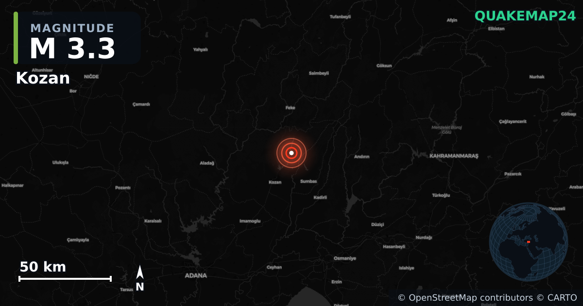 M3.3 earthquake near Kozan on Jul 20, 2025 — map of epicenter and shaking intensity | QuakeMap24