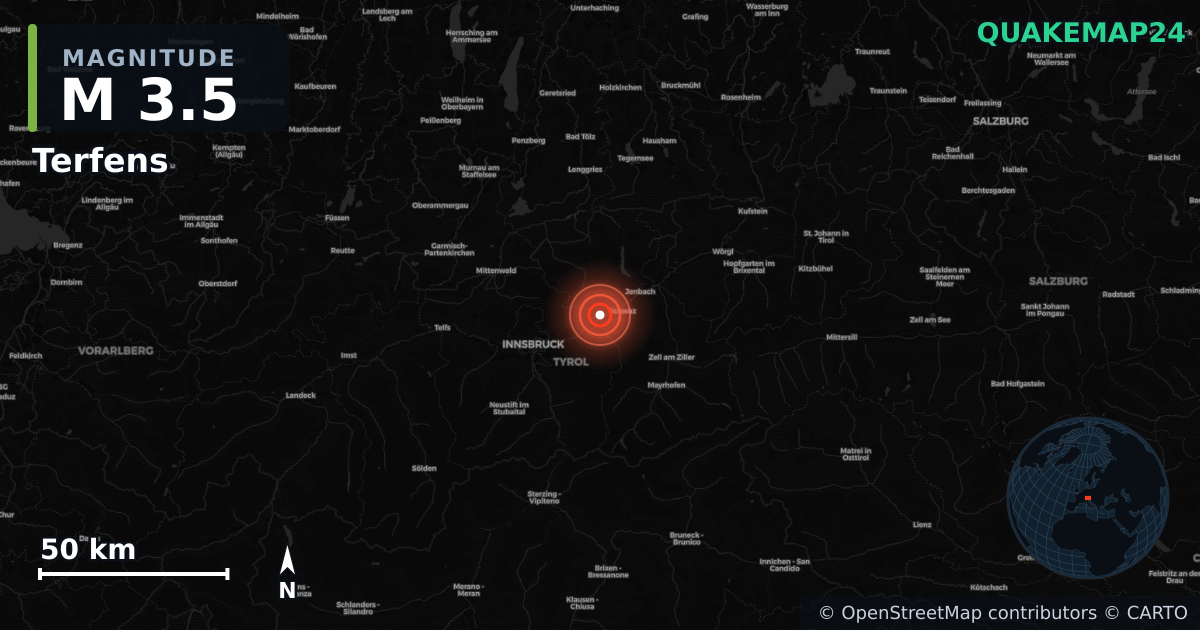 Sismo de M3,5 perto de Terfens, Tyrol (Áustria) · 2026-10-09 — Mapa da localização do epicentro