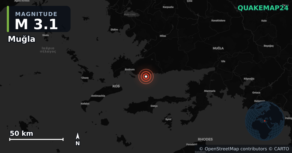 M3.1 earthquake near Muğla on Feb 18, 2026 — map of epicenter and shaking intensity | QuakeMap24