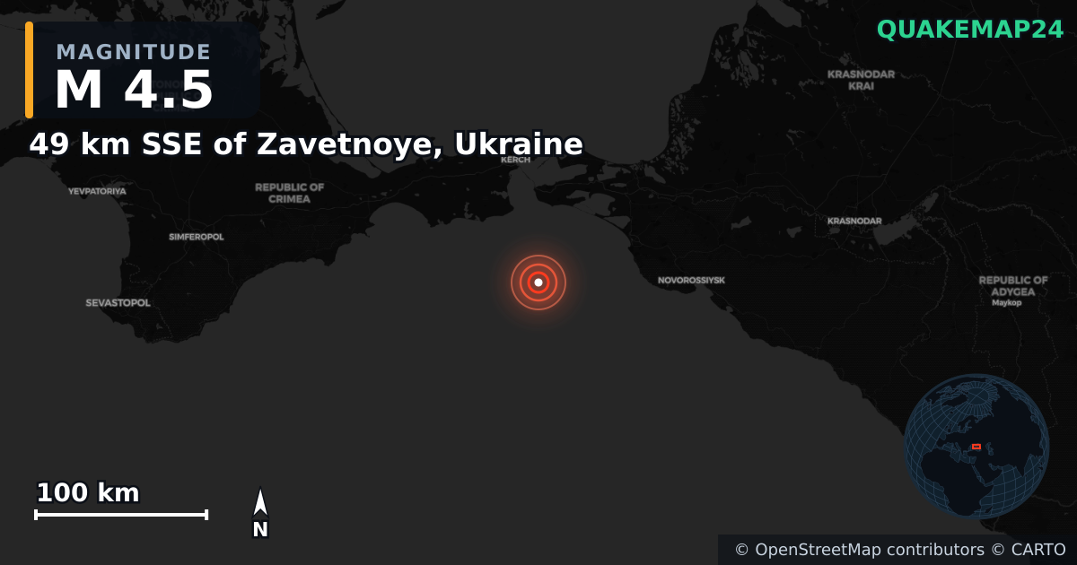 M4.5 earthquake near 49 km SSE of Zavetnoye, Ukraine on Jan 12, 2025 — map of epicenter and shaking intensity | QuakeMap24