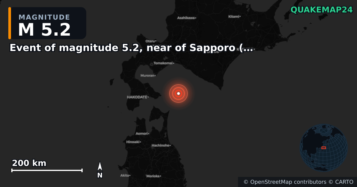 M5.2 earthquake near Event of magnitude 5.2, near of Sapporo (Monde) on Jan 6, 2026 — map of epicenter and shaking intensity | QuakeMap24