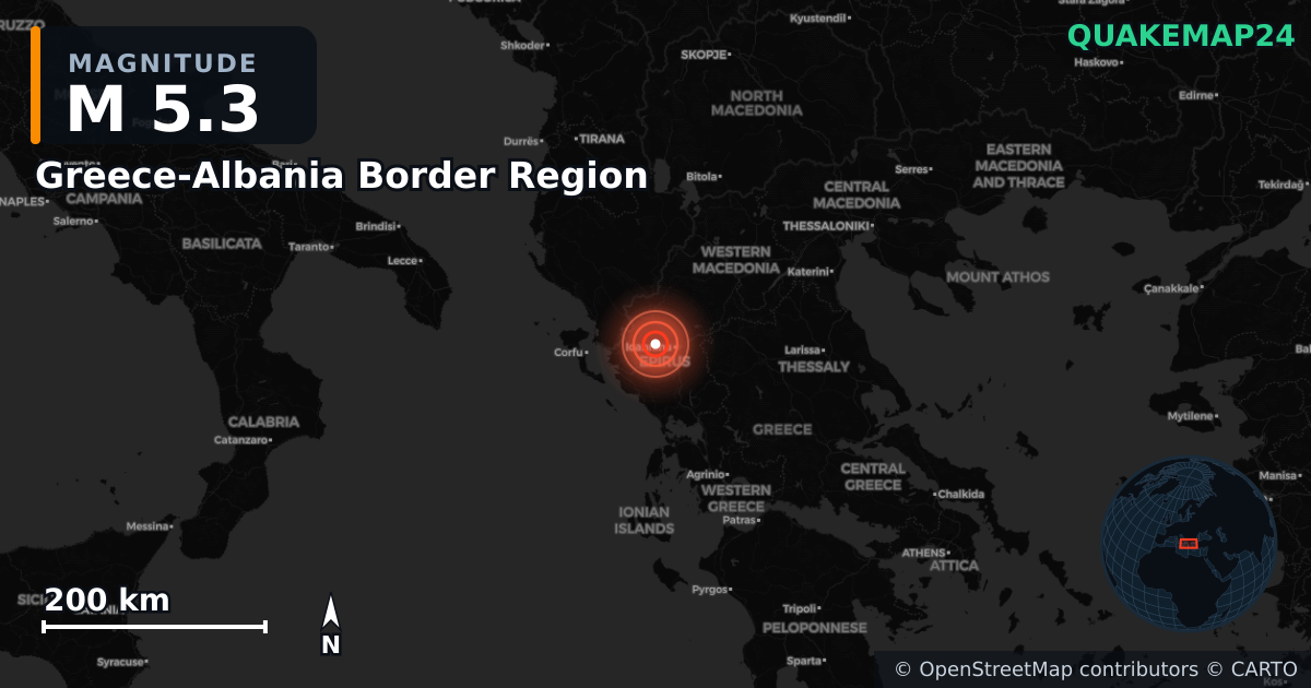 Erdbeben M5,3 bei Greece-Albania Border Region · 2026-03-08 — Karte der Lage des Epizentrums